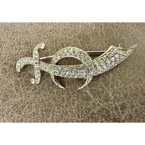 Vintage Chunky sword brooch Clear Pave Rhinestones, Rhodium plate 3” Long GUC